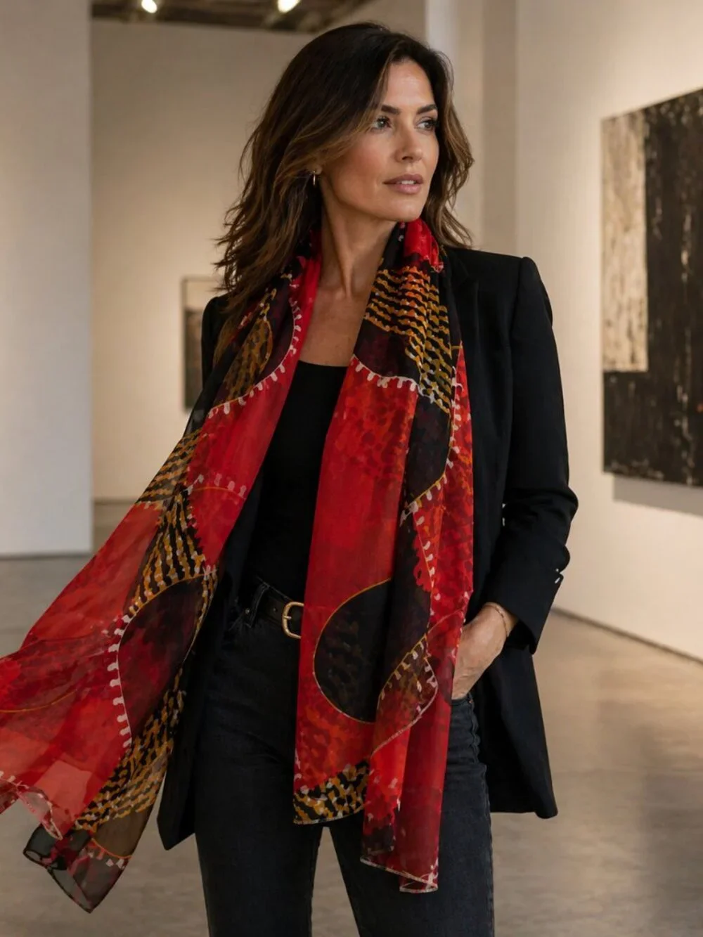 Vintage Fisher & Gentile Sheer Scarf – Red Black Gold Abstract Print | Statement